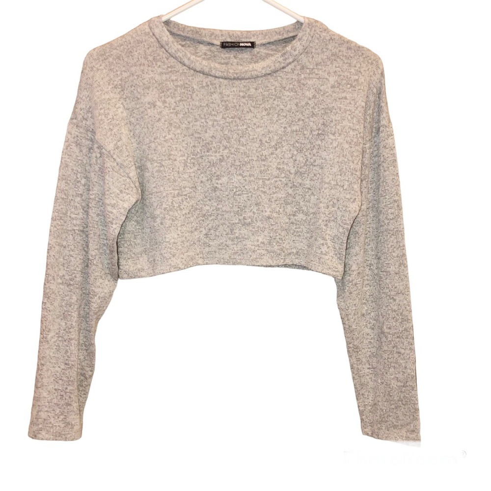 Fashion Nova Heather Marled Long‎ Sleeve Crewneck Crop Top Grey Small